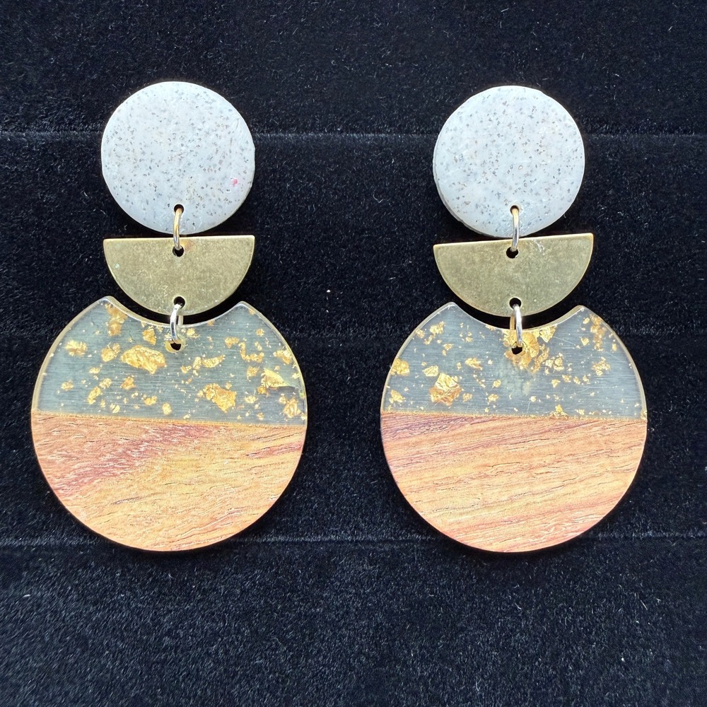 Large Circle Mixed Media Statement Drop Earrings Casual Boho Lucite Wood Resin